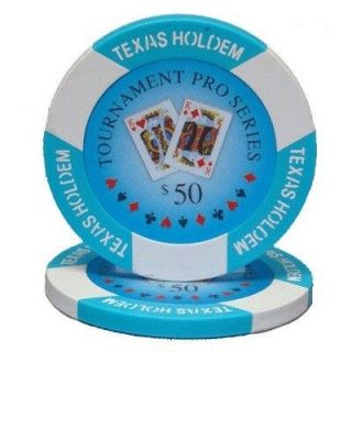 25 Light Blue $50 Tournament Pro 11.  5g Clay Poker Chips - Buy 2,  Get 1