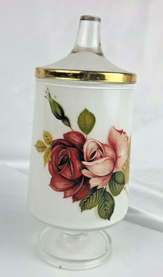 Vintage Frosted Glass Footed Apothecary Jar - Pink Roses