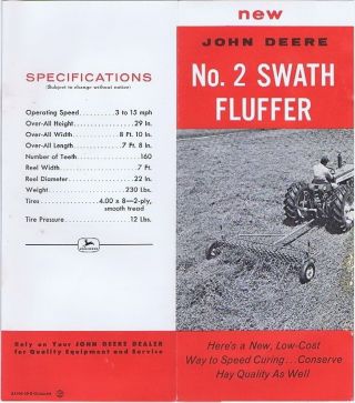 Vintage John Deere No.  2 Swath Fluffer Brochure No.  A1064 - 59 - 9 - Ottumwa,  1959