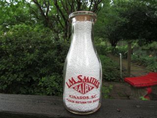Sc I.  M.  Smith Dairy Kinards South Carolina Color Label Pint Milk Bottle