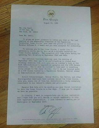 Dan Quayle Signed Typed Letter United States Senatorial Inner Circle Aug 10 1990
