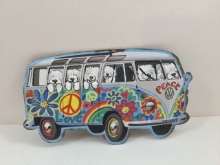 Hand Painted Old English Sheepdog Metal Sign Hippie Bus 2