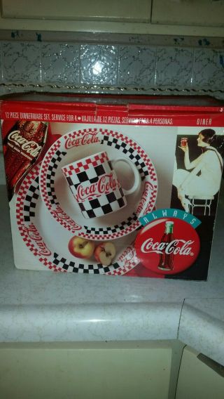 Vintage Coca Cola 12 Piece Dinnerware Set Checkers Diner Complete Boxed