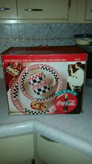 Vintage Coca Cola 12 Piece Dinnerware Set Checkers Diner Complete Boxed 4