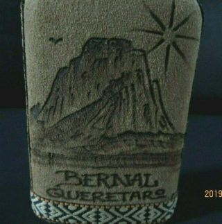 Vintage Glass Bottle Flask Covered In Soft Leather & Embroidered Trim,  Bernal Bo