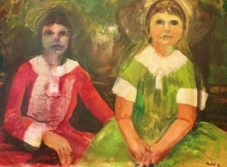 Vintage Haunting Expressionist Portrait Painting Of Two Girls Signed " Heckel "