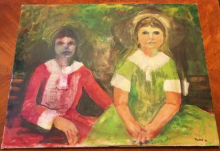 VINTAGE HAUNTING EXPRESSIONIST PORTRAIT PAINTING OF TWO GIRLS SIGNED 