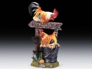 Welcome Rooster And Hen Sign Statue Figurine Chickens Home Decoration 12 Inch