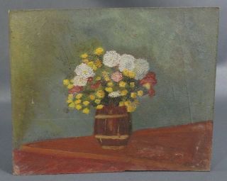 1910 Imperial Russian Oil Painting Still - Life Flowers Bouquet Wooden Barrel Vase