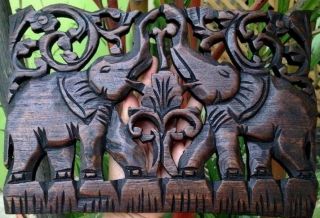 Art Carved Elephant Panel Sculpture Wall Hanging Solid Wood Handcraft Home Decor
