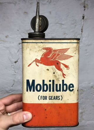 Antique Mobil Oil Pegasus Mobilube Tin Litho Can Gas Sign Vtg
