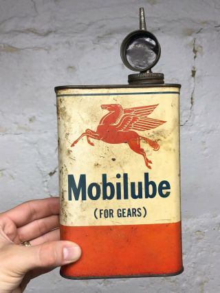 Antique Mobil Oil Pegasus Mobilube Tin Litho Can Gas Sign VTG 4