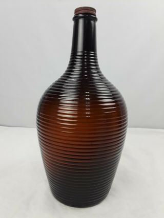 Antique Vintage Dark Amber Brown Ribbed Glass Bottle With Cap
