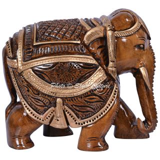 Hand Crafted Indian Royal Elephant Meenakari Painted Wooden Sculpture Statue