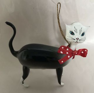 Vintage De Carlini Black Gray Cat Italian Blown Glass Christmas Ornament