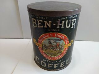 Rare Early Coffee Tin Can Ben Hur Joannes Bros.  Co Las Angeles,  Ca