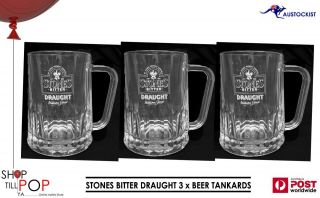 Stones Bitter Draught 3 X 600ml Beer Tankards Etched Glass Bnwot Man Cave Bar