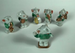 (6) Vintage Elephant Band Japan Figurines Musicians Green 2 " Porcelain Trunks Up