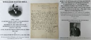 1880s Us Congressman Oh Civil War Mayor Springfield Ohio Hill Letter Signed 1884