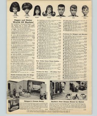 1957 Paper Ad 2 Pg Barbie Doll Midge Skipper Ricky Allen Dream Home Room Fashion
