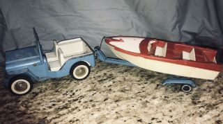 Tonka Toys Jeep Runabout Truck W/ Clipper Boat And Trailer Vintage