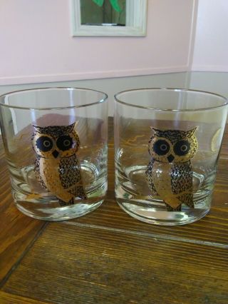 Vintage Gold Owls Mid - Century Couroc Low Ball Glasses Barware Man Cave