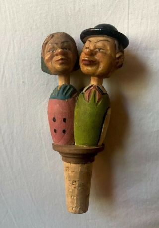 Vintage Wood Wooden German Anri Carved Wine Bottle Stopper Couples Kissing