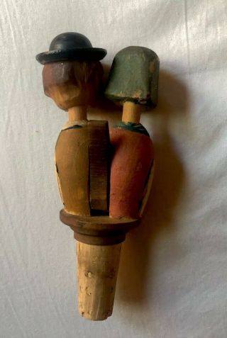 Vintage Wood Wooden German Anri Carved Wine Bottle Stopper Couples Kissing 2