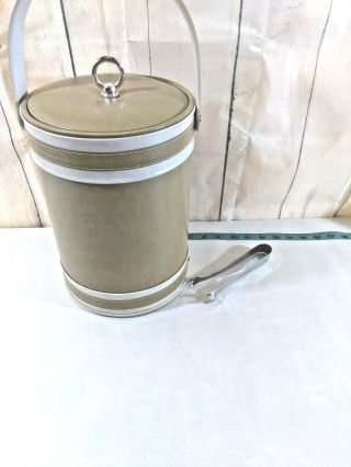 Vintage Georges Briard Ice Bucket,  Large Faux Tan Leather W/ Tongs