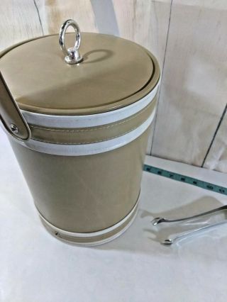 Vintage Georges Briard Ice Bucket,  Large Faux Tan Leather w/ Tongs 3