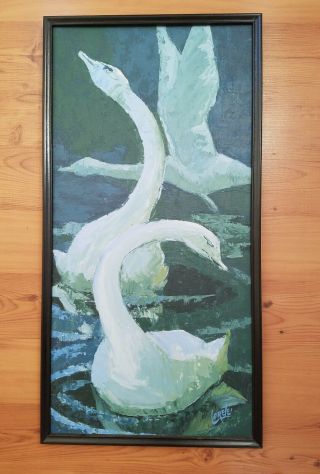 Vintage Swans On The Pond Oil Painting Mid Century Modern Signed Framed