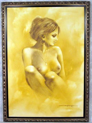 Vintage Canvas Art Print Of Oil Painting Signed Mahert Female Nude Framed 1970 