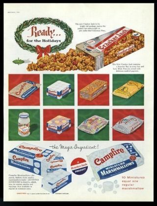 1956 Cracker Jack And Campfire Marshmallows Bag Box Christmas Vintage Print Ad