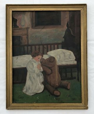 Child Says Prayers Teddy Bear Vintage Early 20th Century Oil Painting On Board