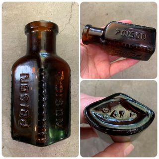 Poison Bottle Antique Amber Glass 3.  5” Tall Vtg Rare Early 1900s Embossed
