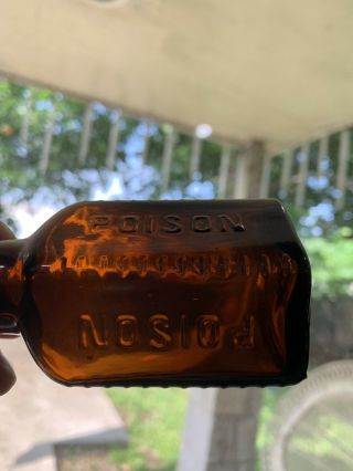 POISON BOTTLE Antique Amber Glass 3.  5” Tall VTG Rare Early 1900s Embossed 2
