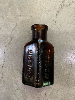 POISON BOTTLE Antique Amber Glass 3.  5” Tall VTG Rare Early 1900s Embossed 3