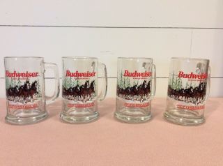 4 Vintage Budweiser Glass Beer Mug 1989 Winter Holiday Clydesdale 12oz