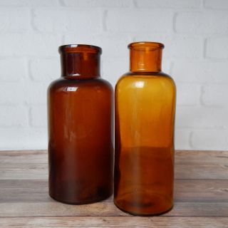 Vintage Set Of 2 Amber Brown 7.  25 " Glass Round Wide Neck Bottles