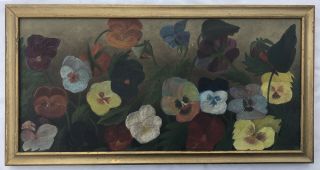 Folk Art Pansies Primitive Antique Late 19th Century Oil Painting On Board Frame