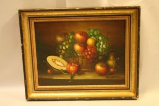 Oil Painting Still Life Fruit Filled Basket Signed Grape Bunches Apples Melon