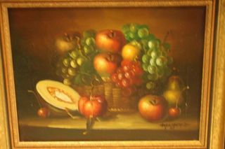 Oil Painting Still Life Fruit Filled Basket Signed Grape Bunches Apples Melon 2