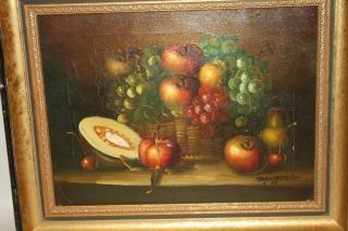 Oil Painting Still Life Fruit Filled Basket Signed Grape Bunches Apples Melon 3