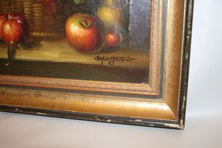 Oil Painting Still Life Fruit Filled Basket Signed Grape Bunches Apples Melon 8