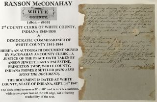 1840s 2nd County Clerk White County Indiana Pioneer Justice Document Signed 1847