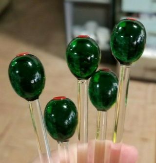 Set Of 5 Vintage Hand Blown Glass Olive Martini Swizzle Sticks W Point End