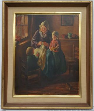 Antique Dutch Interior Genre Signed A Sarluis Oil Painting Mother Child