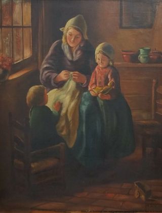 Antique Dutch Interior Genre Signed A Sarluis Oil Painting Mother Child 3
