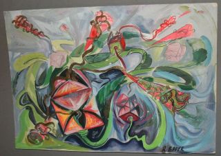 VINTAGE GERMAN ABSTRACT AVANT GARDE GOUACHE PAINTING SIGNED R.  BAUER 2