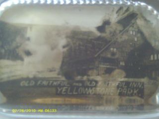 Rare 1910s Glass Paperweight Photo Ad Old Faithful & Inn Yellowstone Park